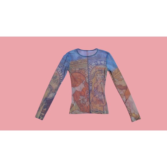 Y2K ALPHONSE MUCHA Art NOUVEAU Print Mesh Long Sleeve Blouse W/Rhinestones. XS-S - Picture 3 of 16